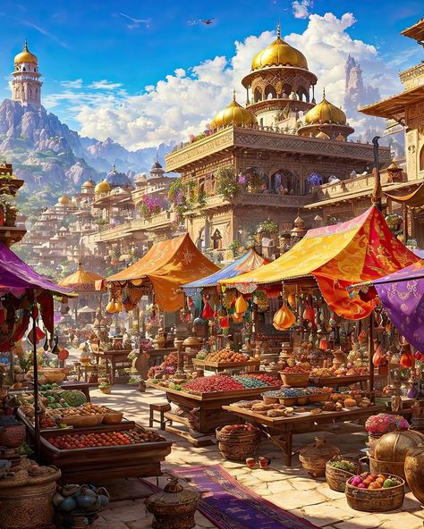 Fantasy Town Aesthetic, Fantasy Town Concept Art, Mount Celestia, Baked Flatbread, Fantasy Market, Desert City, Fantasy Town, Za Atar, Fantasy City