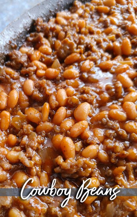 Cowboy Beans! A hearty recipe made with pork n' beans, ground beef, sausage, brown sugar and a simple sauce that's perfect for cookouts, barbeques and covered-dish affairs (finish in crock pot or on the stove). Crockpot Baked Beans With Sausage, Chili With Pork And Beans, Recipes Using Pork And Beans, Pork And Beans Soup, Recipes With Pork And Beans, Hamburger Pork And Beans Casserole, Pork N Beans Baked Beans, Bake Beans With Sausage, Chili Pinto Beans Recipe