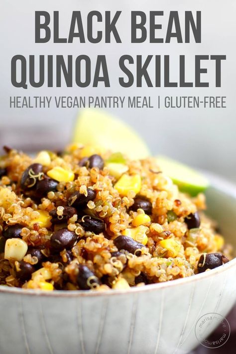 Make this vegan pantry meal using black beans, corn, quinoa and chili powder for a cheap easy dinner or lunch.  Use up any vegetables you have on hand - with plenty of protein it's the perfect recipe! Black Bean And Quinoa Recipes, Quinoa With Black Beans, Black Beans Quinoa, Black Beans And Quinoa Recipe, Black Bean And Quinoa, Black Beans And Quinoa, Quinoa And Black Beans, Bean And Quinoa Recipes, Black Bean Quinoa Bowl