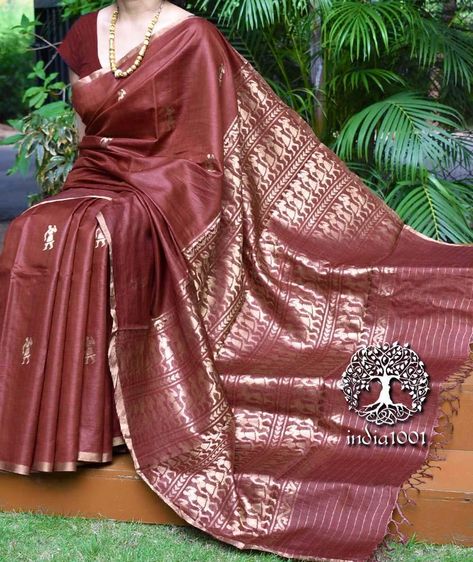 Elegant Handwoven Pure Kosa Silk Saree with Bastar Sua Nritya figures Kosa Silk Saree, Ajrakh Sarees, Silk Cotton Sarees, Cotton Sarees, Printed Silk, Cotton Saree, Dress Materials, Silk Saree, Silk Printing