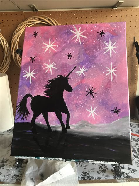 Unicorn in acrylic by Leicii Dowda Paint Unicorn, Unicorn Painting Ideas, Unicorn Painting For Kids, Easy Unicorn Painting, Unicorn Painting Canvas, Unicorn Canvas, Unicorn Painting, Kids Canvas, Art Video