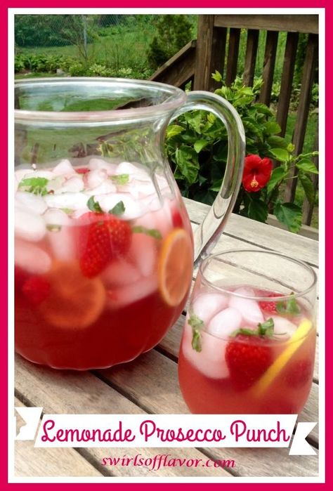 Berry Pink Lemonade Prosecco Punch is an easy party punch recipe that's flavored with puckering raspberry lemonade and bubbly Prosecco and topped off with the sweet bursts of fresh berries!  #cocktail #proseccopunch #drinkrecipewithalcohol #happyhour  #berries #lemonade #swirlsofflavor Lemonade Prosecco Punch, Prosecco Punch, Easy Party Punch, Raspberry Punch, Berry Cocktail, Flavored Lemonade, Lemonade Punch, Party Punch Recipes, Prosecco Cocktails