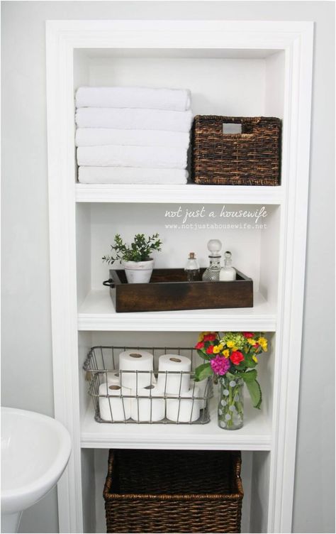 Built-in Open-face Wooden Cabinet Built In Bathroom Storage, Small Bathroom Storage Ideas, Bathroom Storage Ideas, Bathroom Shelf Decor, Decor Ikea, Bathroom Closet, Modern Farmhouse Bathroom, Floating Shelves Diy, Room Shelves