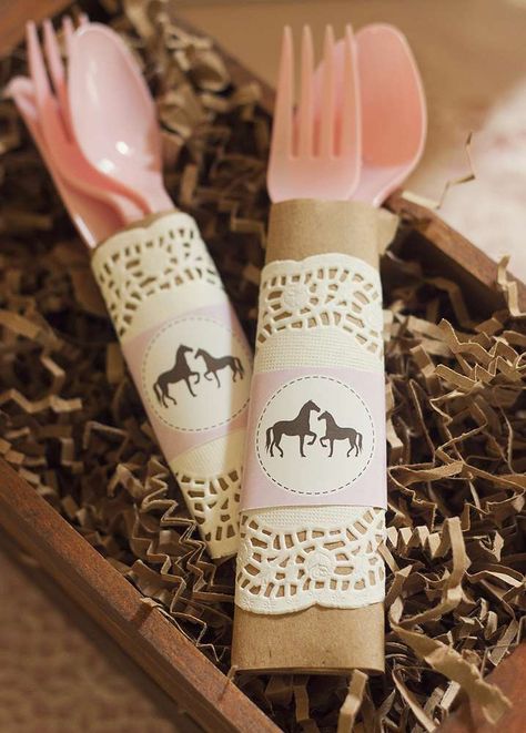 Pink Vintage Pony Party | CatchMyParty.com Horse Birthday Party Ideas, Pony Party Ideas, Silverware Display, Horse Theme Birthday Party, Horse Birthday Party, Horse Themed Party, Party Utensils, Barn Party, Pony Birthday Party