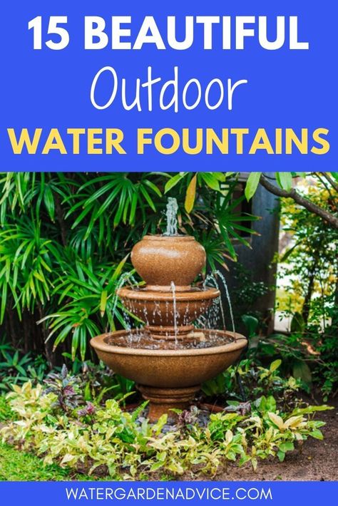 Landscape With Fountain Front Yards, Small Patio Water Fountains, Fountains Front Yard Water Features, Unique Water Fountains, Water Fountain Landscaping Ideas, Outdoor Patio Fountain Ideas, Water Fountains Outdoor Diy Garden Ponds, How To Make An Outdoor Fountain, Diy Water Feature Solar Fountain Ideas