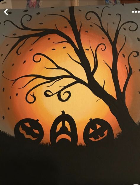 Halloween Paint Party Canvas, Fall Art Canvas, East Fall Painting Ideas, October Acrylic Painting Ideas, Halloween Sunset Painting, Harvest Painting Ideas, Easy Halloween Pictures To Paint, Halloween Tree Painting, Cute Halloween Things To Paint