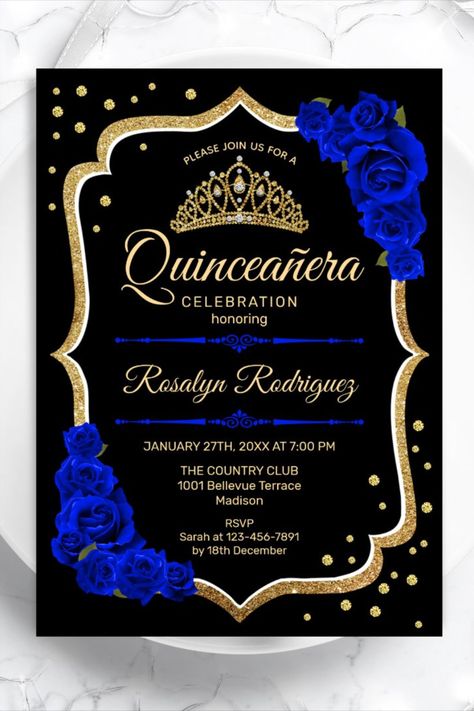 Quinceanera - Black Gold Royal Blue Invitation
Gold black royal blue Quinceanera celebration invitation. Features script font, royal blue roses, tiara and confetti. Classy sapphire blue design with faux glitter gold. Perfect for an elegant glam celebration! #birthday #happybirthday #birthdaycards #birthdayparty #mexican #Quinceanera #fiesta Black And Blue Quinceanera Theme, Royal Blue Quinceanera Decorations, Royal Blue And Gold Quinceanera, Gold Quinceanera Theme, Blue Quinceanera Theme, Royal Blue Roses, Black And Gold Invitations, Royal Blue Quinceanera, Elegant Birthday Invitations