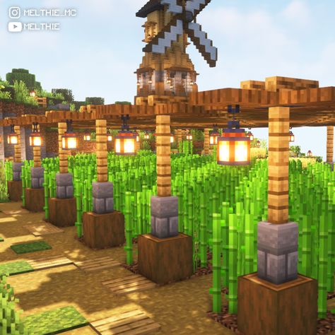 Minecraft Building Ideas Beehive, Cute Sugarcane Farm Minecraft, Acacia Wood Builds Minecraft, Minecraft Java Builds, Aesthetic Minecraft Crop Farm, Wheat Farm Minecraft Ideas, Minecraft Festival Ideas, Minecraft Glowberry Farm, Minecraft Bamboo Farm Design