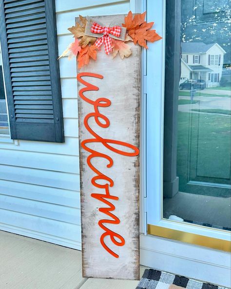 Our NEW Fall Leaning porch sign! check out our Etsy to order or Message us 🫶🏼 https://www.etsy.com/shop/JoyinChaosLLC Porch Signs, Porch