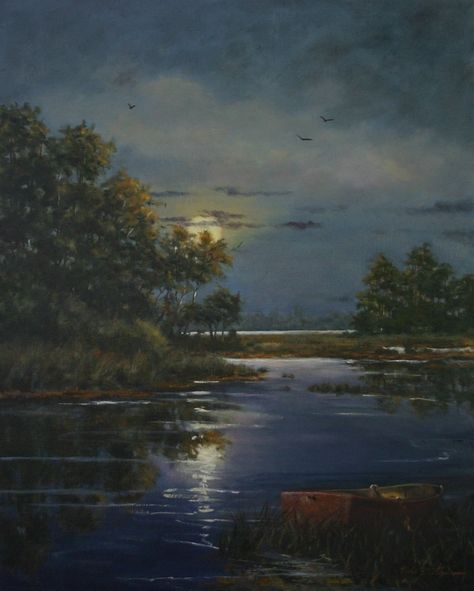 Moonlight Painting, Moon Painting, Arte Inspo, Night Painting, Aesthetic Painting, Night Art, Ethereal Art, Classical Art, Oil Painting Landscape