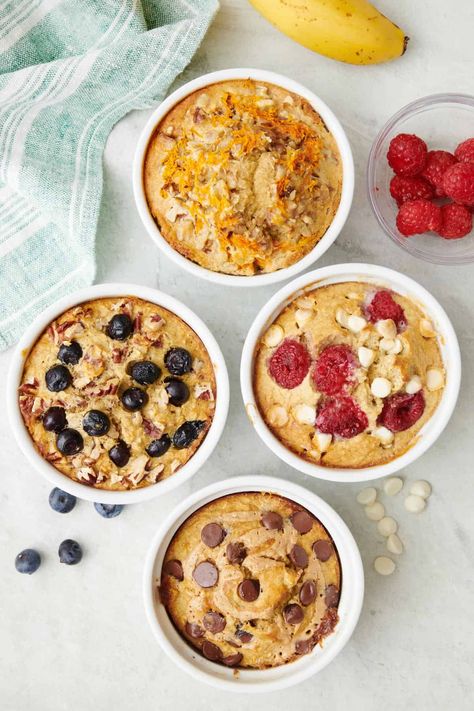 These protein baked oats are perfect for make ahead breakfasts. Choose from 4 different flavors for a healthy and delicious breakfast. | Protein Baked Oats | Baked Oats with Protein Powder | Chocolate Chip Baked Oats | Raspberry White Chocolate Protein Baked Oats | Blueberry Pecan Baked Oats with Protein | Carrot Cake Baked Oats with Protein | Baked Oatmeal Bowl, Blueberry Protein Oatmeal Bake, Macro Friendly Baked Oatmeal, Raspberry White Chocolate Baked Oats, Meal Prep Baked Oats, Protein Powder Baked Oats, High Protein Baked Oatmeal, Baked Protein Oats, Scrambled Oats