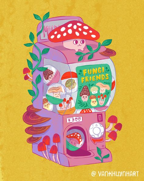 Gachapon Machine Illustration, Gachapon Illustration, Mushroom Character Design, Steam Illustration, Gachapon Machine, Mushroom Character, Fungi Illustration, Machine Illustration, Flower Reference