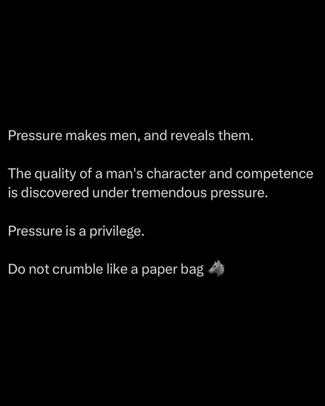 Pressure & stress is the glue that holds the human spirit together. It keeps you present / focused. Most of you have never been in situations where you HAD to perform or you risk losing everything. Indulge in pressure. You’ll come out stronger ☝️ @alphareflections #pressure #discipline #men #success #stoic Pressure Quotes Inspiration, Motive Quotes, Pressure Quotes, What Makes A Man, Stoic Quotes, Human Spirit, Really Good Quotes, Note To Self Quotes, Losing Everything