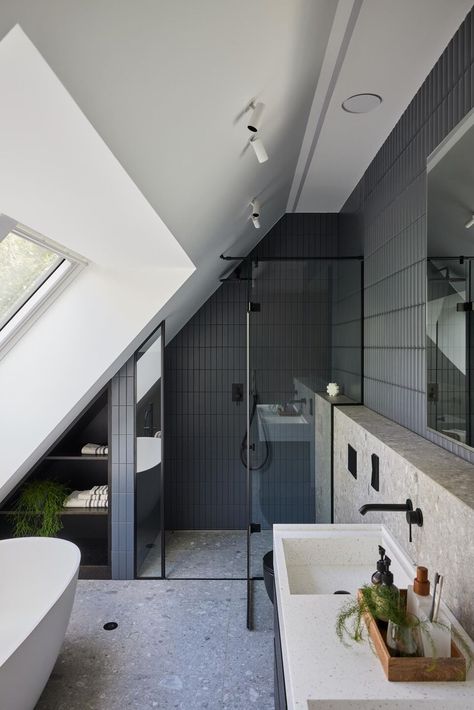 Image 22 of 29 of Home in Pavilniai regional park | Dizaino Virtuve | Photograph by Norbert Tukaj Loft Bathroom Ideas, Cottage Showers, Modern Village, Attic Bathroom Ideas, Small Attic Bathroom, Bathroom Loft, Loft Bathroom, Bathroom Shower Design, Bungalow Renovation