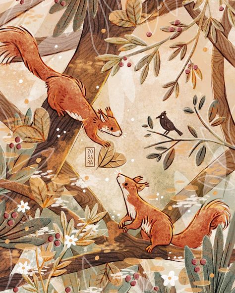 studio zosara • illustrations | Autumn’s golden gifts 🧡🍂🐿️ . While walking in the forest, I spotted two squirrels chasing each other on a tree and this is what I imagine… | Instagram Fox Reading A Book, Christmas Forest Illustration, Forest Animals Illustration, Card Postal, Cosy Reading Nook, Christmas Illustration Design, Squirrel Illustration, Wild Animals Vector, Cosy Reading