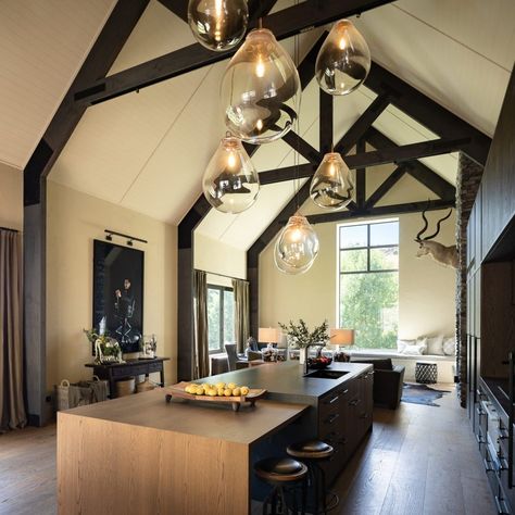 tim pendant medium / clear / brushed copper - Bomma (English) Rural Kitchen, Barn Style Garage, Exposed Trusses, Exposed Beams Ceiling, Interior Fit Out, Interior Design Awards, Lodge Style, Barn Style House, Barn Style