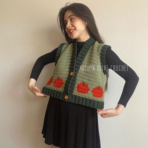 Crochet Thanksgiving Sweater, Pumpkin Sweater Crochet Pattern, Crochet Cardigan Trim, Halloween Crochet Aesthetic, Autumn Olive Crochet, Crochet Vest With Buttons, Cute Crochet Vest, Crochet Pumpkin Sweater, Crochet Halloween Sweater Pattern