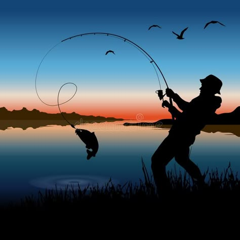 Fisherman and nature. Fisherman catches fish on a fishing rod. stock illustration Fishing Painting, Gear Drawing, Fly Fishing Art, Boat Drawing, Fish Silhouette, Easy Drawing Steps, Fishing Photos, Fishing Art, Fishing Pictures