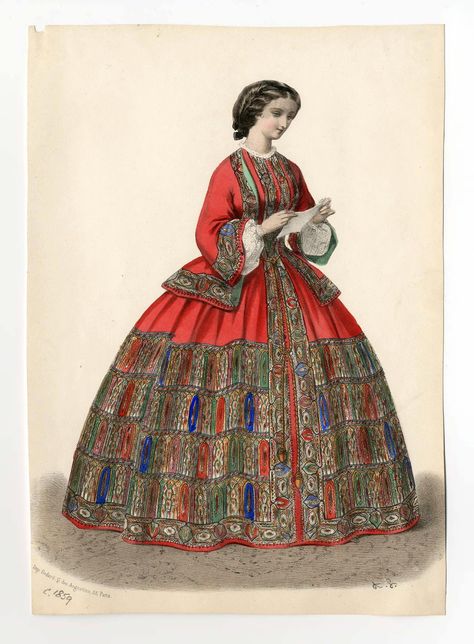 ca.1859 shawl wrapper from an unknown French periodical. Met Museum (no collections link available). Victorian Fashion Plates, 1850s Fashion, 1860 Fashion, 19th Century Clothing, Old Prints, 1800s Fashion, Hoop Skirt, Victorian Ladies, Historic Fashion