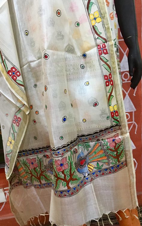 Madhubani Tussar Silk Dupattas by AahanaCrafts Painting Dupatta, Tikuli Art, Madhubani Dupatta, Dupatta Painting, Silk Painting Techniques, Mithila Painting, Dupatta Design, Happy Holi Images, Painting Indian