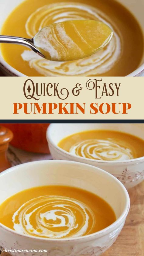 Pumpkin soup is a delicious way to use fresh, canned, or frozen pumpkin, and it's super nutritious! Make a double batch and freeze half. Easy Pumpkin Soup Recipe, Can Soup Recipe, Pumpkin Sweet Potato Soup, Easy Pumpkin Soup, Creamy Pumpkin Soup Recipe, Pumpkin Soup Recipe Easy, Fresh Pumpkin Recipes, Pumpkin Soup Easy, Pumpkin Soup Healthy