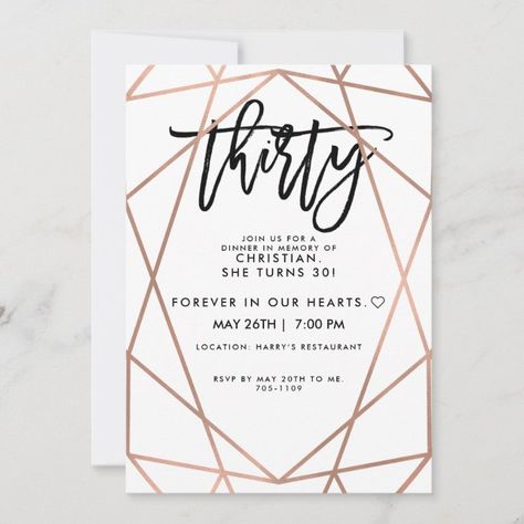 Faux Rose Gold Geometric | 30th Birthday Party Invitation | Zazzle.com 25th Birthday Invitation, Typography Elegant, 30th Bday Party, 60th Birthday Party Invitations, 25th Bday, 30th Birthday Party Invitations, 40th Birthday Party Invites, 25th Birthday Parties, 50th Birthday Party Invitations