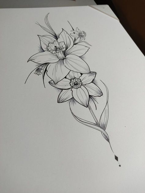 Narciso flower idea tattoo | #tattoo #tattoos #sketch Narcissus Flower Tattoo Forearm, Narcissus Tattoo December, Easter Flower Tattoo, Rose And Narcissus Flower Tattoo, Narcissus And Rose Tattoo, Narcissus Flower Tattoo With Butterfly, Narcissus Flower Tattoo With Name, Echo And Narcissus Tattoo, Daphodile Flower Tattoo