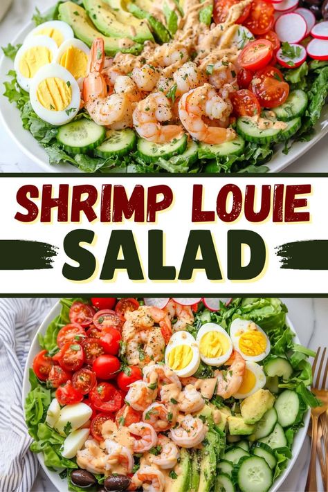 You can't go wrong with this classic shrimp Louie salad! With shrimp, hard-boiled eggs, romaine, tomatoes, cucumber, onion, olives, and avocados, it's sure to please! Shrimp Louis, Shrimp Louie Salad, Shrimp Louie, Summer Shrimp Recipes, Seafood Salads, Frozen Cooked Shrimp, Salad With Shrimp, Dinner Fish, Salad Recipes Healthy Lunch