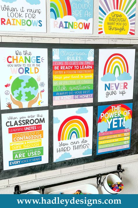 Motivate your students with these inspiring posters! Use these 9 rainbow classroom decor posters to build your students' growth mindset. Perfect to use as a welcome sign for classroom, motivational posters for classroom bulletin board decoration, classroom rules, or growth mindset classroom posters elementary, middle school. Inspire students with this rainbow theme classroom decor, colorful inspirational wall art for kids, classroom rainbow decor, you can do hard things motivation wall art. Welcome Sign For Classroom, Motivational Posters For School, Teacher Supplies Organization, Classroom Rainbow, Classroom Posters Elementary, Kindergarten School Supplies, Rainbow Theme Classroom, Unicorn School Supplies, Sign For Classroom