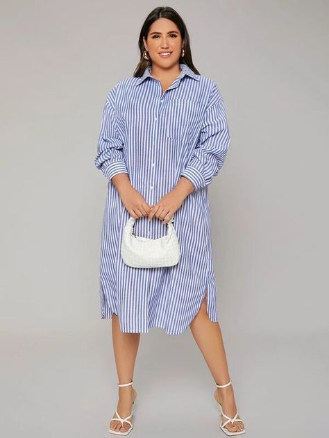 Shirt Dresses For Women Classy Long, Gown Shirt Dress, Shirt Dresses For Women Classy, White Striped Dress Outfit, Long Tunics, Shirt Gown, Black And White Gown, Celebrity Style Dresses, Plus Size Shirt Dress