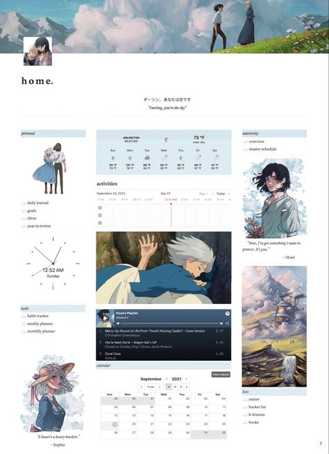 Ideas, template, notion, productivity, studio ghibli, Howls moving castle Notion Dashboard Ideas Aesthetic Anime, Notion Template Anime Aesthetic, Template Ideas Aesthetic, Notion Template Ideas Aesthetic Anime, Notion Template Ideas Laptop, Notion Anime List, Kpop Notion Template Ideas, Notion Template Ideas Blue, Notion Decoration Images