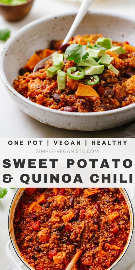 Sweet Potato Quinoa Chili, Quinoa Chili Recipe, Easy Stew Recipes, Hearty Chili Recipe, Sweet Potato Quinoa, Quinoa Chili, Resep Diet, Vegan Chili, Vegan Healthy