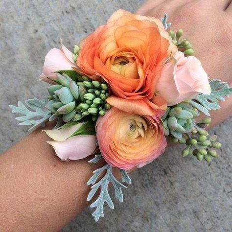 Ranunculus Mix Corsage by Flower Carriage By Ms. Cardel Mother Of The Bride Flowers, Hand Corsage, Succulent Corsage, Prom Flowers Corsage, Prom Corsage And Boutonniere, Homecoming Corsage, Bridesmaid Corsage, Corsage And Boutonniere, Corsage Prom