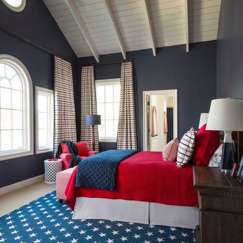 Red White Blue Bedroom, White Beams Ceiling, Blue And Red Bedroom, Red White And Blue Bedroom, Patriotic Bedroom, Red Bedroom Design, Red Bedroom Decor, Bold Bedroom, Navy Blue Bedrooms