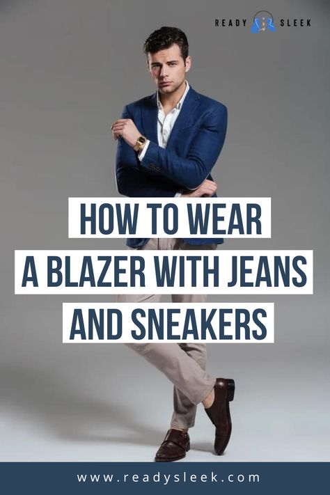 Blending items from different ends of the formality spectrum can sometimes lead to disaster. So, can you really wear a blazer with jeans and sneakers? A blazer can be worn with jeans and sneakers in casual settings. Leather dress sneakers, slip-ons, high-tops, and suede sneakers would usually be the best options here. Avoid loud and chunky sneakers with thick uppers, as they’ll usually be too casual to wear ... Image From Deposit Photos #style #casualoutfit #outfit #Blazer #Jeans #sneakers Casual Blazer With Jeans For Men, Blazers With Tshirts Outfit Men, Blue Blazer Outfit Men Casual Jeans, Men’s Outfits With Blazers, Blazer Jeans Sneakers Outfit Men, Men’s Blazer Outfits With Jeans, Jeans And Blazer Outfit Men, Dark Blue Blazer Outfit Men, Blue Blazer Outfit Men Casual