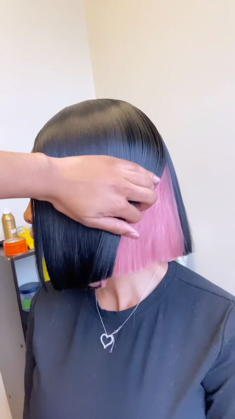 Bob With Peek A Boo Color, Black Bob With Pink Underneath, Sew In Hairstyles Peek A Boo, Bob Peekaboo Color, Colored Bob Black Women, Quick Weave Bob With Color, Peek A Boo Bob Black Women, Color Bob Hairstyles For Black Women, Blonde Peekaboo Bob