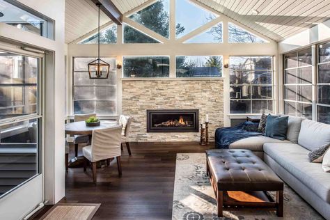 Designing a Three Season Porch to Four Season Room Conversion — Degnan Design-Build-Remodel Sunroom With Fireplace, Four Seasons Room Addition, 3 Season Porch, All Season Room, Three Season Porch, 3 Season Room, 4 Season Room, Screened Porch Designs, Four Seasons Room