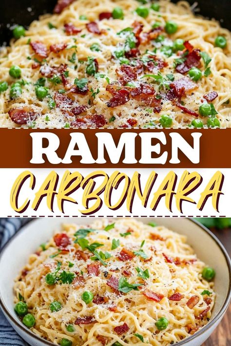 Bacon Ramen Noodle Recipes, Asian Bacon Recipe, Ramen Noodle Carbonara, Easy Recipes Using Ramen Noodles, Ramen Noodle Casseroles, Ramen Casserole Recipes, Ramen Side Dish, Ramen Noodle Dishes, Cheap Dinner For A Family