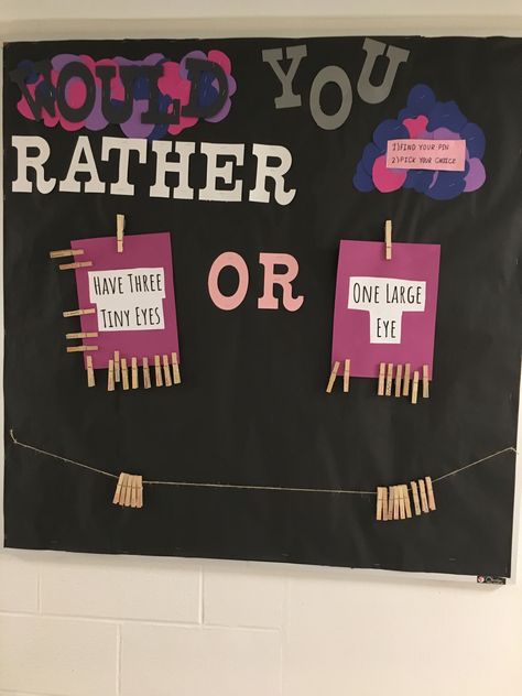 Swapping out the questions every so often residents move their clothes pin to the answer they choose for various would you rather questions Would You Rather Bulletin Board, 7th Grade Classroom, Sunshine Committee, Rather Questions, Would You Rather Questions, School Leadership, 7th Grade, Would You Rather, Bulletin Board