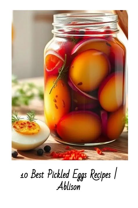 Jar of pickled eggs in vibrant brine, garnished with herbs and spices, labeled "10 Best Pickled Eggs Recipes | Ablison". Pickled Eggs Canning Recipe, Soy Sauce Pickled Eggs, Pickled Egg Recipes, Pickling Eggs Recipe, Pickled Egg Recipe, Pickled Eggs Recipe Easy, Recipe For Pickled Eggs, Old Fashioned Pickled Eggs Recipe, Pickles Eggs