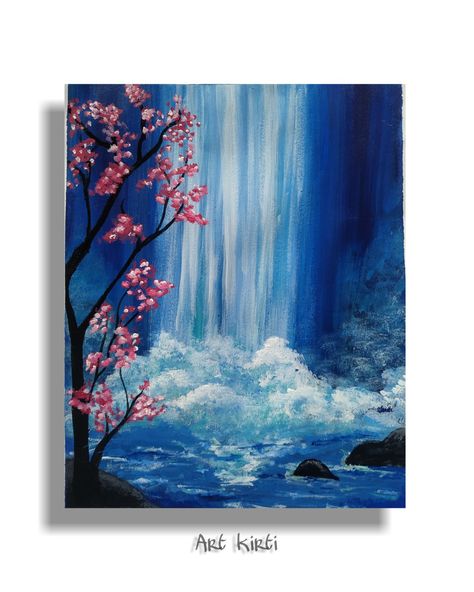 Scenery Painting Waterfall, Rainbow Waterfall Painting, Water Fall Painting Ideas, How To Paint A Waterfall, Waterfall Painting Easy, Easy Waterfall Painting, Waterfall Painting Acrylic, Paint Waterfall, Waterfall Drawing