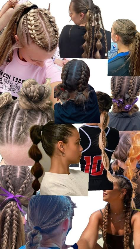 hair inspo for track practice Hair Ideas For Soccer, Easy Hairstyles Athletic, Cool Braids For Sports, Basketball Practice Hairstyles, Wrestling Hair Styles, Cute Wrestling Hairstyles, Girl Wrestling Hairstyles, Cool Sports Hairstyles, Cute Hairstyles For Track