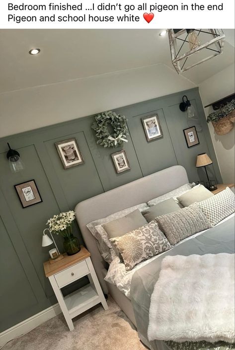 Panelling In Small Bedroom, Neutral Bedroom With Feature Wall, Feature Kitchen Wall, Bedroom Shaker Panelling, Green Bedroom With Panelling, Bedroom Inspo Panelling, Grey Bed Green Wall, Olive Green Bedroom Panelling, Bedroom White Furniture Color Schemes