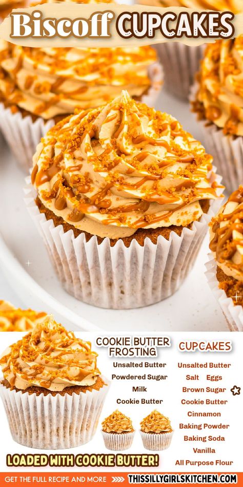 Each bite of these Biscoff cupcakes from This Silly Girl's Kitchen is a perfect blend of sweetness, spices, and everything nice, making it impossible to stop at just one. Made with Biscoff cookies and cookie butter, this deliciously easy dessert recipe is sweet and decadent. Give this recipe a try today! Biscoff Cookie Butter Cupcakes, Cookie Butter Cupcakes Recipe, Cookie Butter Recipes Biscoff, Biscoff Cupcakes Recipe, Biscoff Dessert Recipes, Cookie Butter Cupcakes, Cookie Butter Biscoff, Biscoff Desserts, Easy Fall Treats