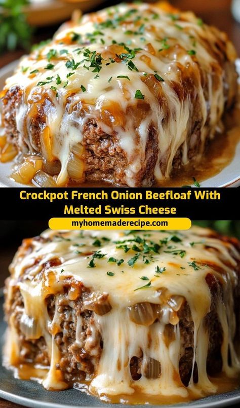 This crockpot French onion beefloaf with melted Swiss cheese is the best beefloaf for a flavorful and hearty meal. Slow-cooked and topped with Swiss cheese, it’s the ultimate comfort food for a cozy dinner Onion Loaf Recipe Miller And Carter, Crockpot French Onion Meatloaf, French Onion Meatloaf, Beef Crockpot Recipes, Crockpot Meatloaf, Best Baked Beans, Beef Crockpot, Slow Cooker Casserole, Sleeveless Sweaters