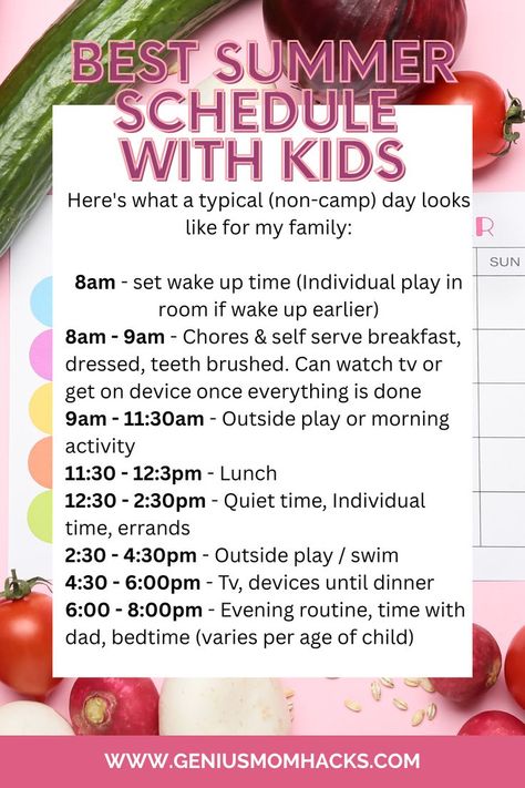 best summer schedule with kids - moms survive summer Summer Schedule For Kids, Kids Summer Schedule, Summer With Kids, Outside Activities For Kids, Summer Routine, Summer Homeschool, Summer Tips, Summer Planner, Homeschool Preschool Activities