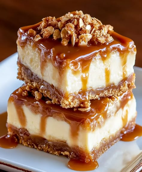 These Caramel Apple Cheesecake Bars are the perfect fall dessert, Apple Butter Cheesecake Bars, Salted Caramel Apple Cheesecake, Carmel Apple Cheesecake Bar, Apple Cream Cheese Bars, Carmel Apple Cheesecake Bars, Caramel Apple Crisp Cheesecake, Best No Bake Cheesecake, Eclair Cake Recipes, Cheesecake Bars Easy