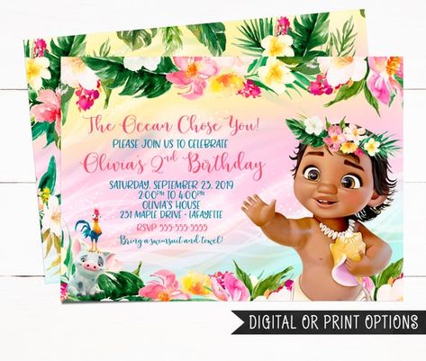 Baby Moana Birthday Party, Moana Invitation, Moana Birthday Party Theme, Moana Birthday Invitation, Festa Moana Baby, Luau Invitations, Baby Moana, Moana Theme, Tropical Invitations