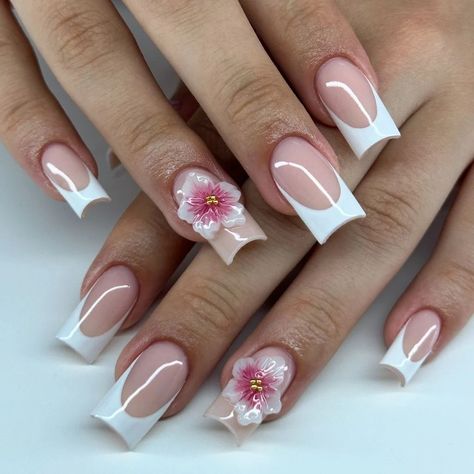 Hibiscus Flower Nails: Feel the Allure of the Islands on Fingertips – DTK Nail Supply French Tip With 3d Flower Design, Hibiscus Flower Nails 3d, 3d Hibiscus Flower Nails, Habisquis Flower Nail, French Nails With Flowers, Hibiscus Flower Nails, 19 Bday, Girly Acrylic, 3d Flower Nails