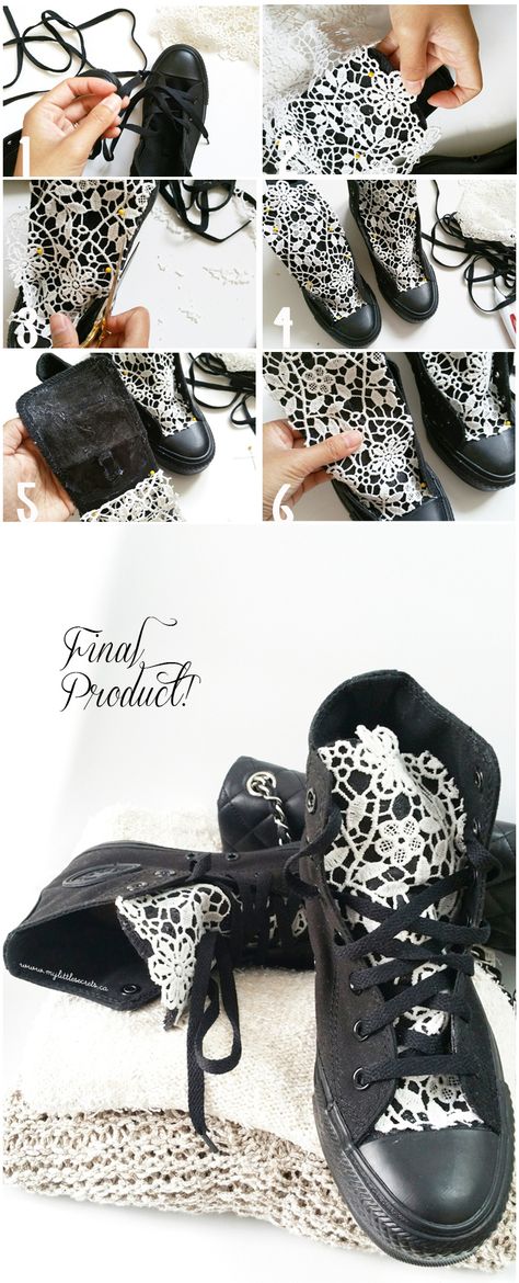 DIY Lace converse sneakers tutorial Diy Fashion Projects, Mode Shoes, Diy Sneakers, Lace Diy, Mode Tips, Diy Vetement, Creation Couture, Short Hairstyle, Fashion Project